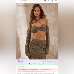 Two piece Sequin Long Sleeve Crop Top & Maxi Skirt.